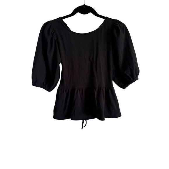 Urban Outfitters Black Rosaleen Strappy Tie Open Back Peplum Top SZ Small - Picture 2 of 9